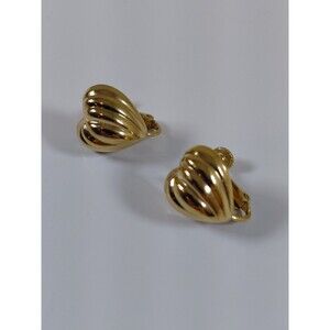 Napier Heart Clip-On Earrings Gold Tone Fluted Ribbed Vintage Jewelry